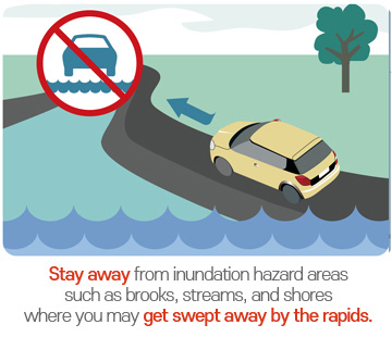 Stay away from inundation hazard areas such as brooks, streams, and shores where you may get swept away by the rapids.