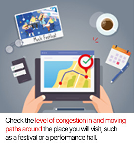 Check the level of congestion in and moving paths around the place you will visit, such as a festival or a performance hall.