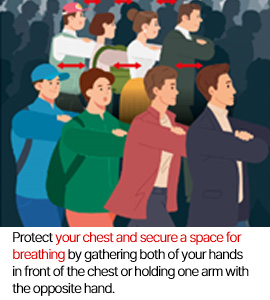 Protect your chest and secure a space for breathing by gathering both of your hands in front of the chest or holding one arm with the opposite hand.